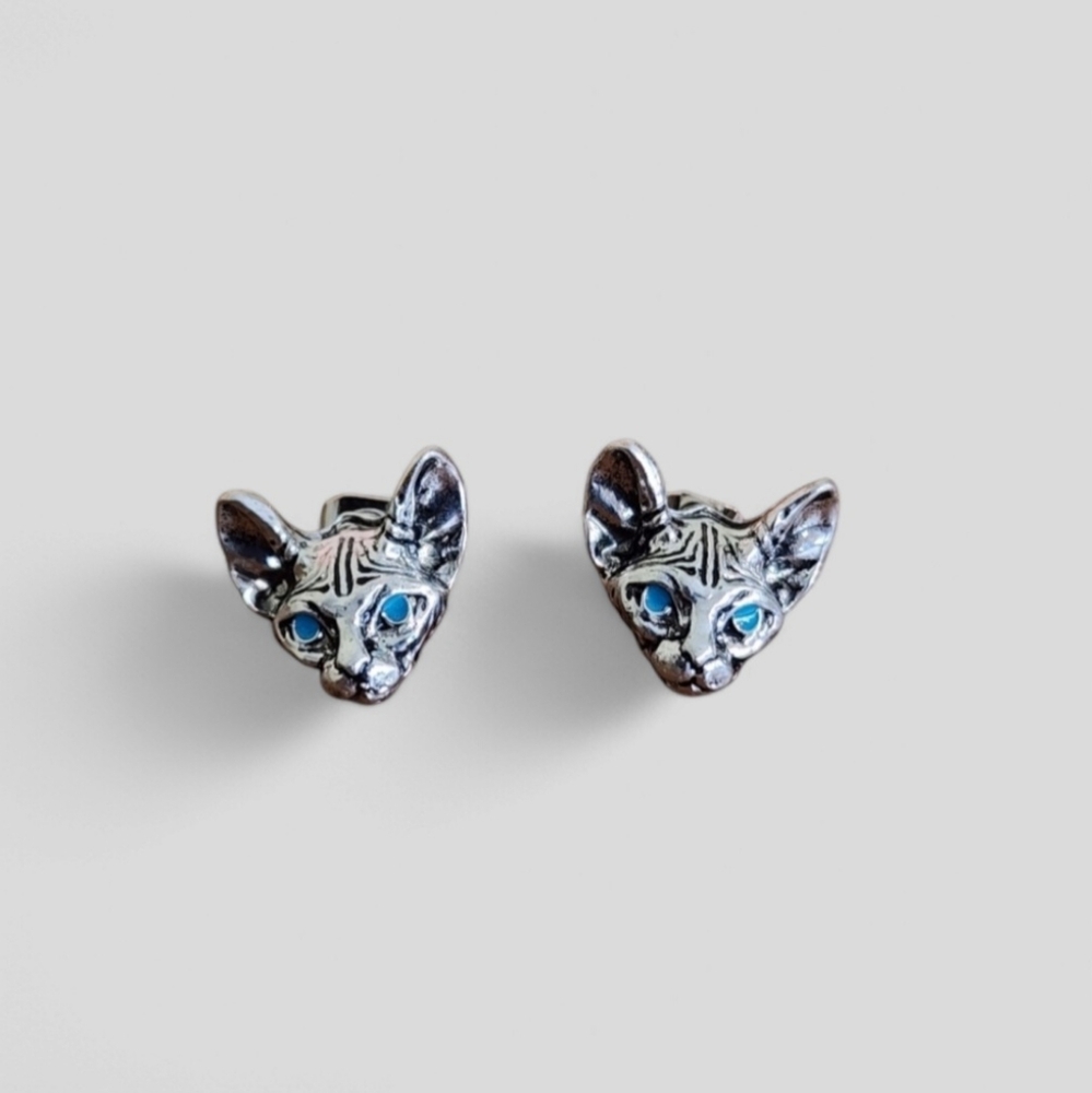 ​3/$25 Sphynx Cat Head Stud Earrings Silver Tone Blue Eyes Goth Novelty